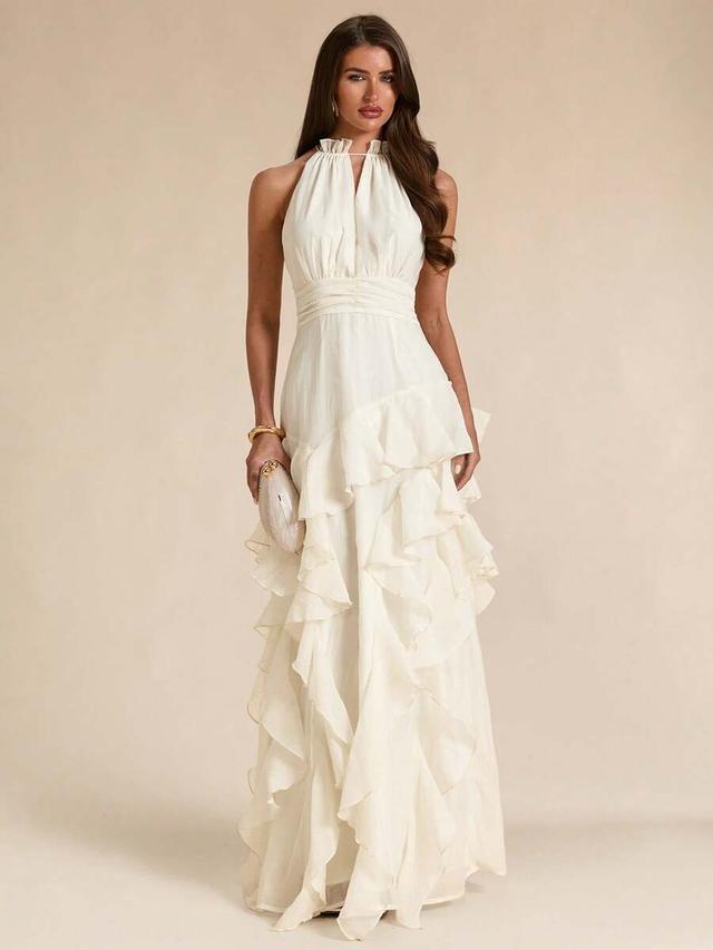 apricot halter neck ruffle long dress