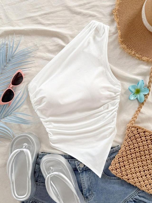 soleia white one shoulder shirred casual blouse