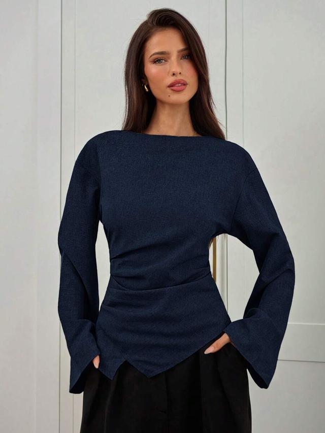 minimalist navy ruched waist asymmetric hem long sleeve blouse