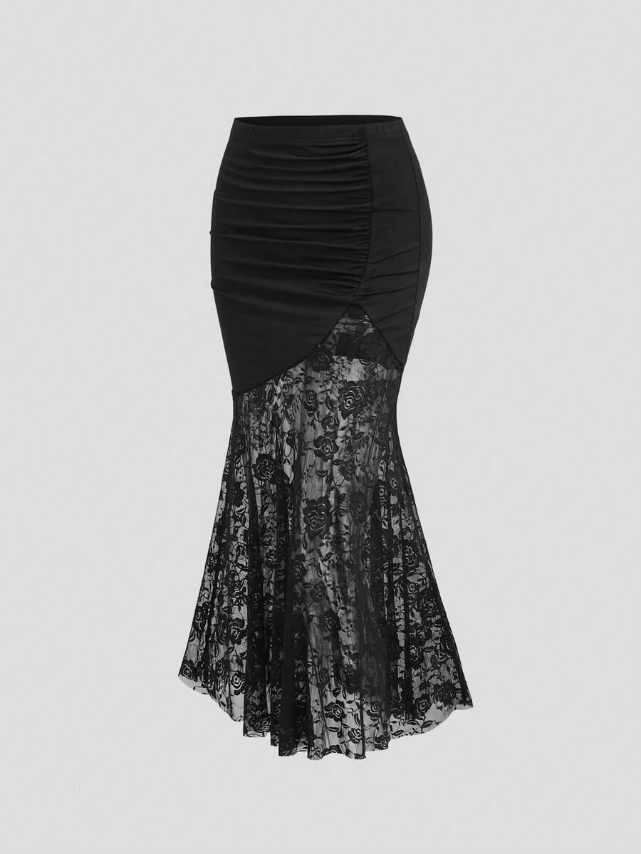 black high waist lace patchwork fishtail bodycon skirt