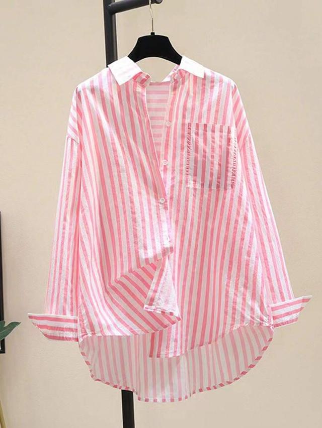casual pink and white striped long sleeve shirt
