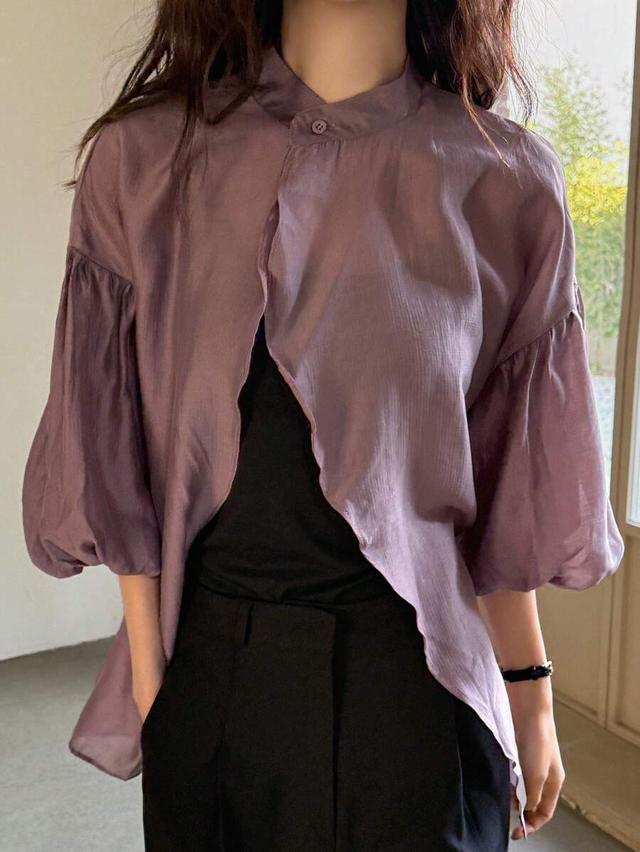 sheer mauve puff sleeve asymmetric collar blouse