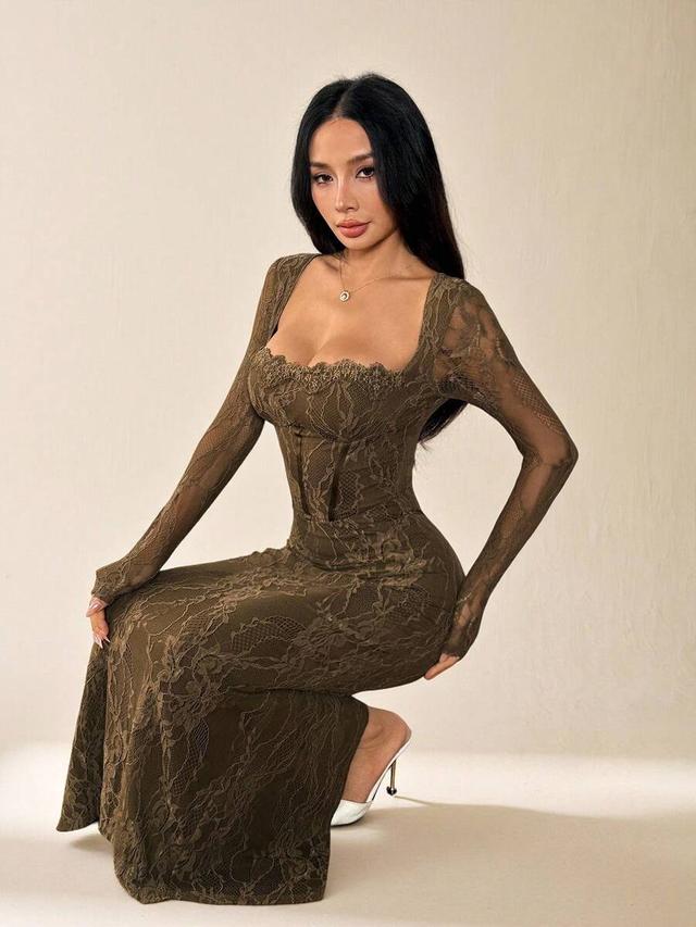 olive lace long-sleeved square neck bodycon maxi dress