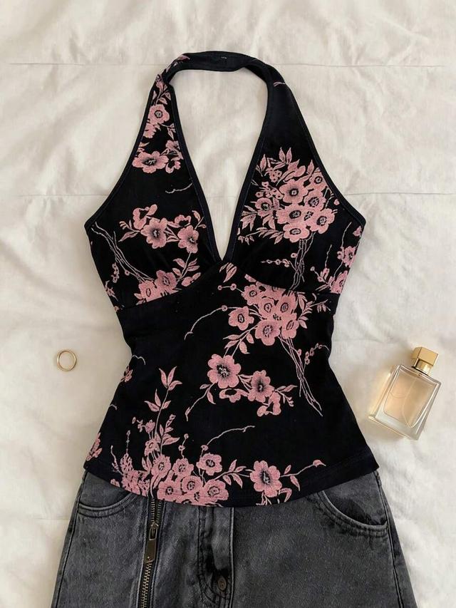 floral print black velvet halter neck y2k top