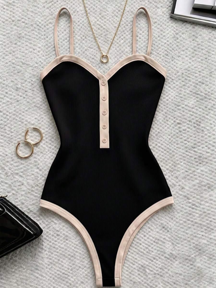 black contrast color button-front ribbed knit camisole
