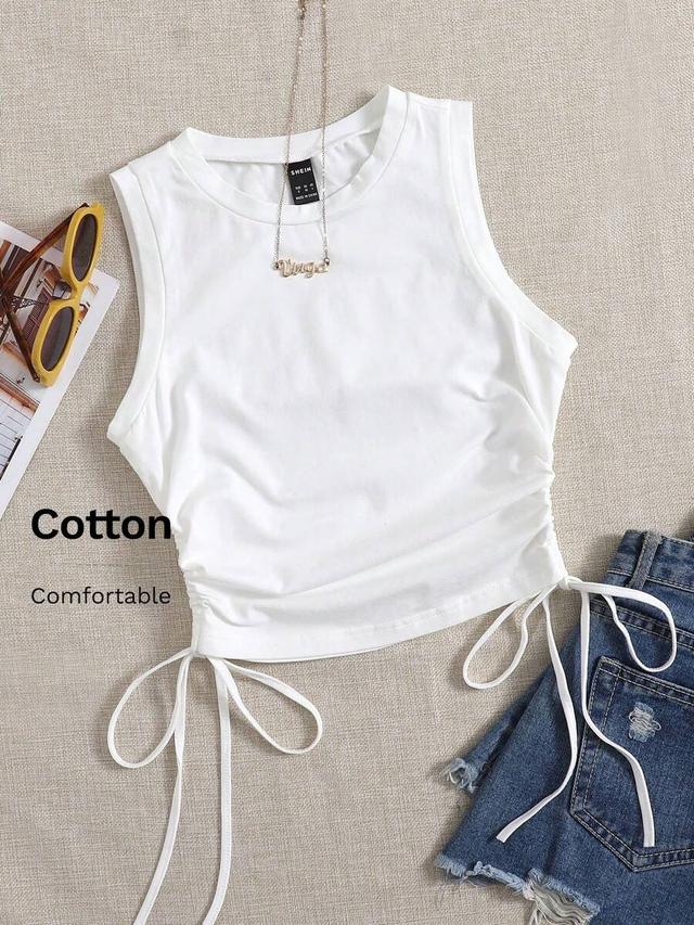white drawstring ruched side crop tank top
