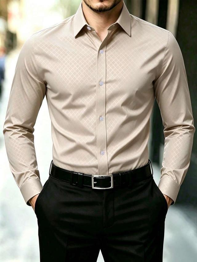 beige diamond jacquard button front long sleeve shirt