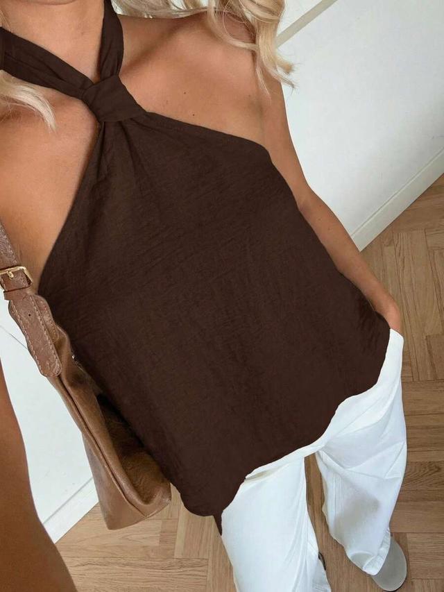 brown woven casual halter neck sleeveless blouse