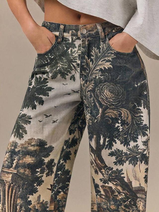dark gray gothic printed wide leg denim jeans