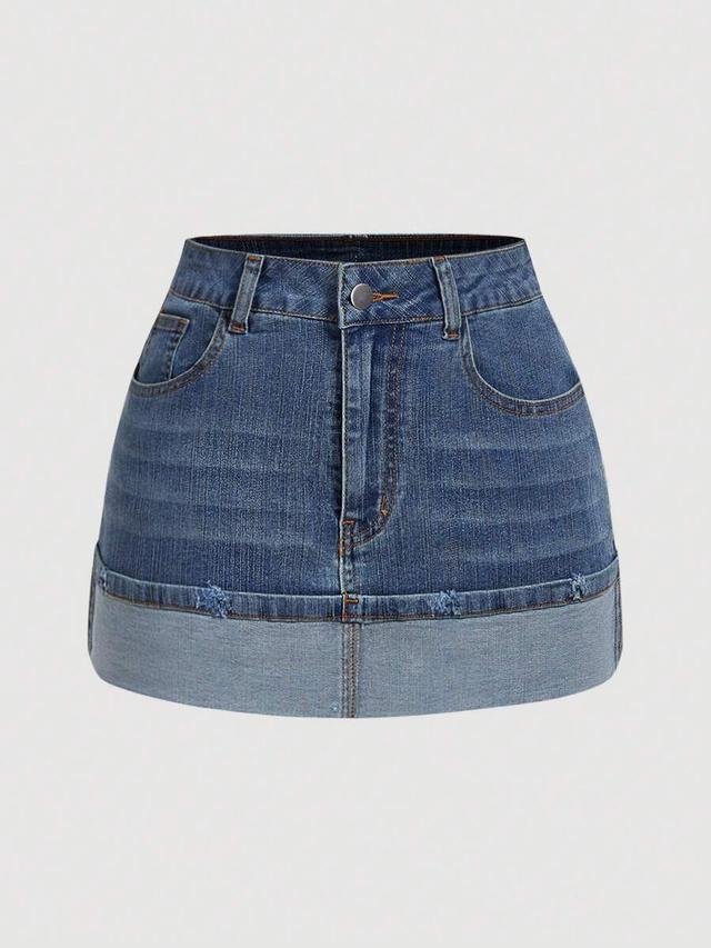 blue denim mini skirt with frayed hem detail