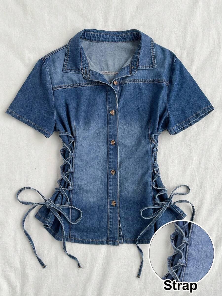 blue denim button-up shirt with side lace-up detailing