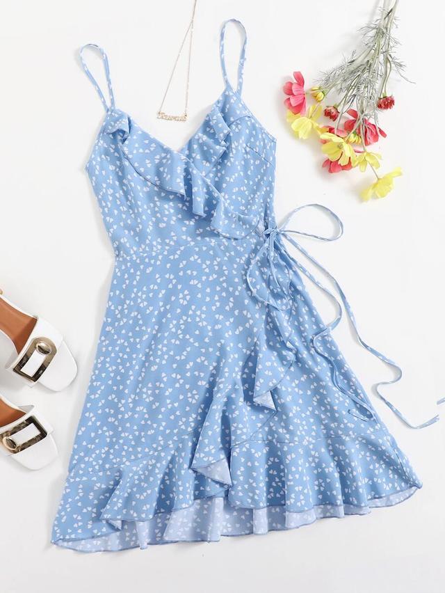 blue heart print ruffle wrap cami dress