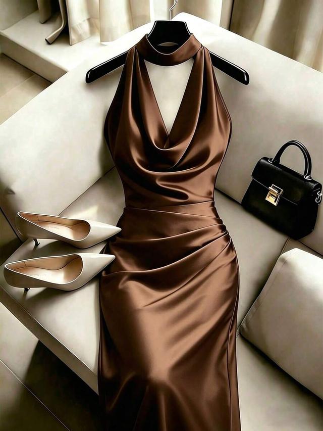 Chocolate Brown Satin Cowl Neck Midi Dress