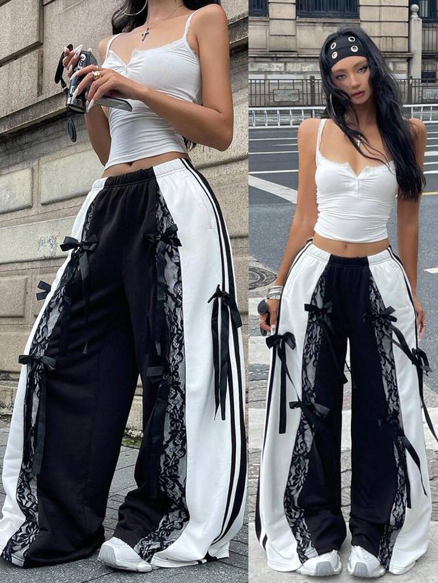 black and white lace trim wide leg sweatpants