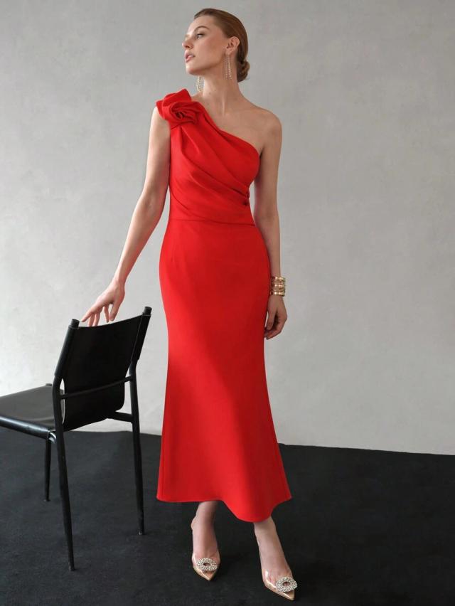 red one shoulder ruched bodice mermaid hem dress