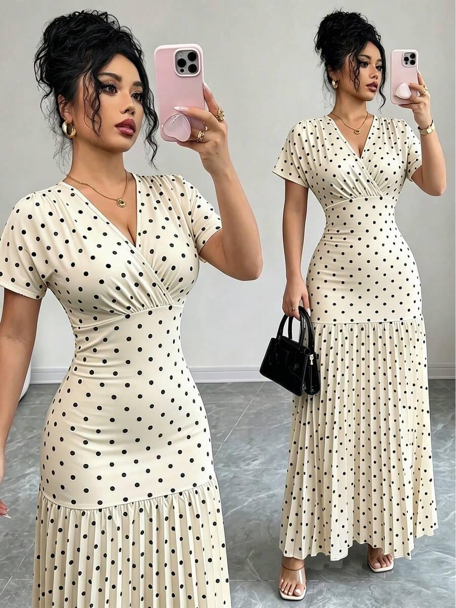 apricot black polka dot v-neck pleated midi dress