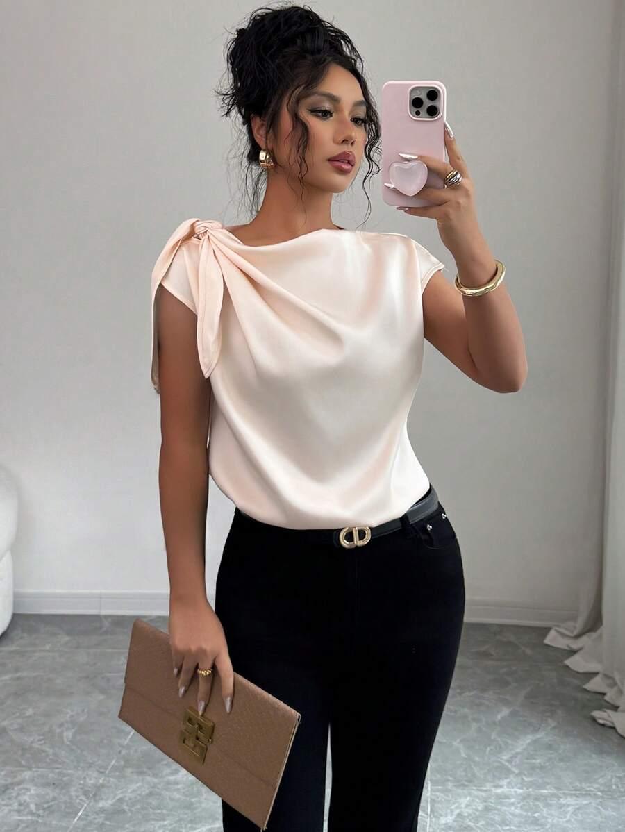pale pink elegant solid color satin twist lapel blouse