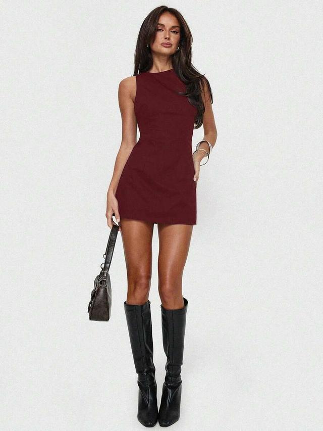 solid burgundy sleeveless mini shift dress