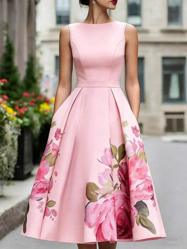 pink floral print sleeveless midi dress