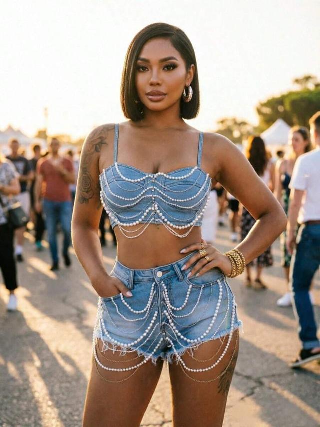 denim shorts with pearl and chain embellishments