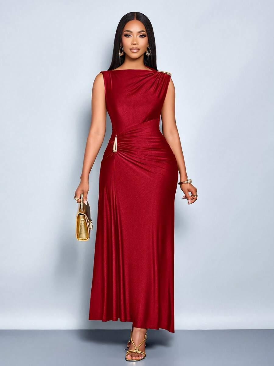 red sleeveless draped midi dress with metal hardware