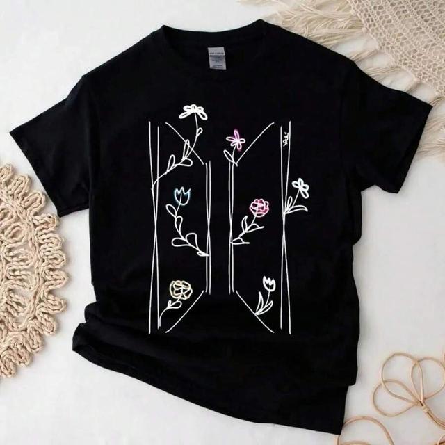 bangtan flower graphic black cotton t-shirt