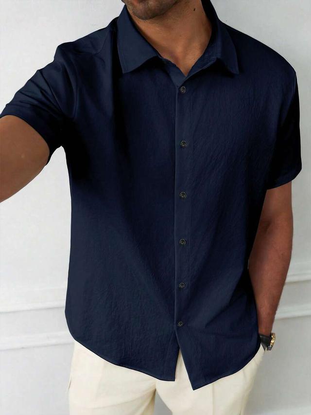 navy blue wrinkle-resistant short sleeve casual shirt