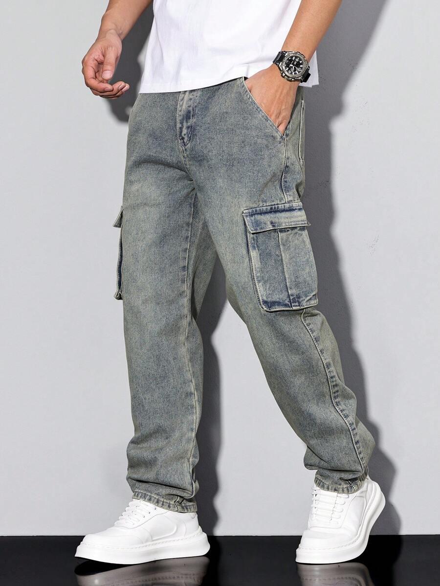 washed blue denim cargo pants with side pockets