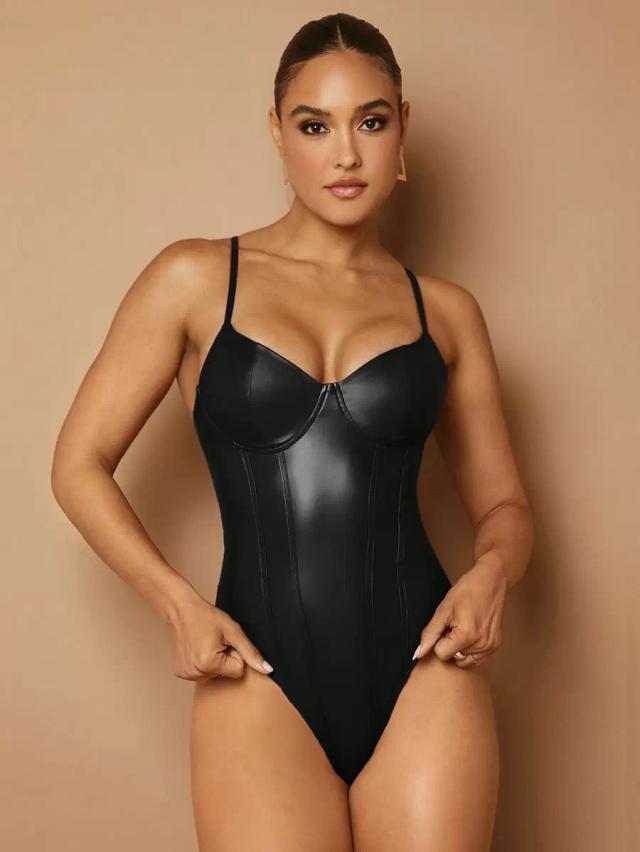 solid black pu leather bustier cami bodysuit