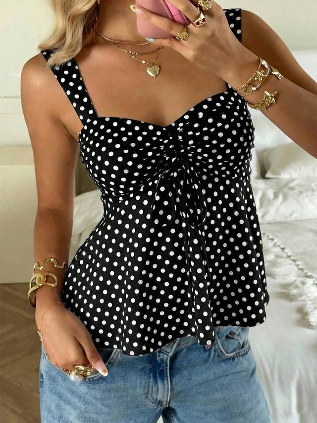 black polka dot drawstring ruffle tank top
