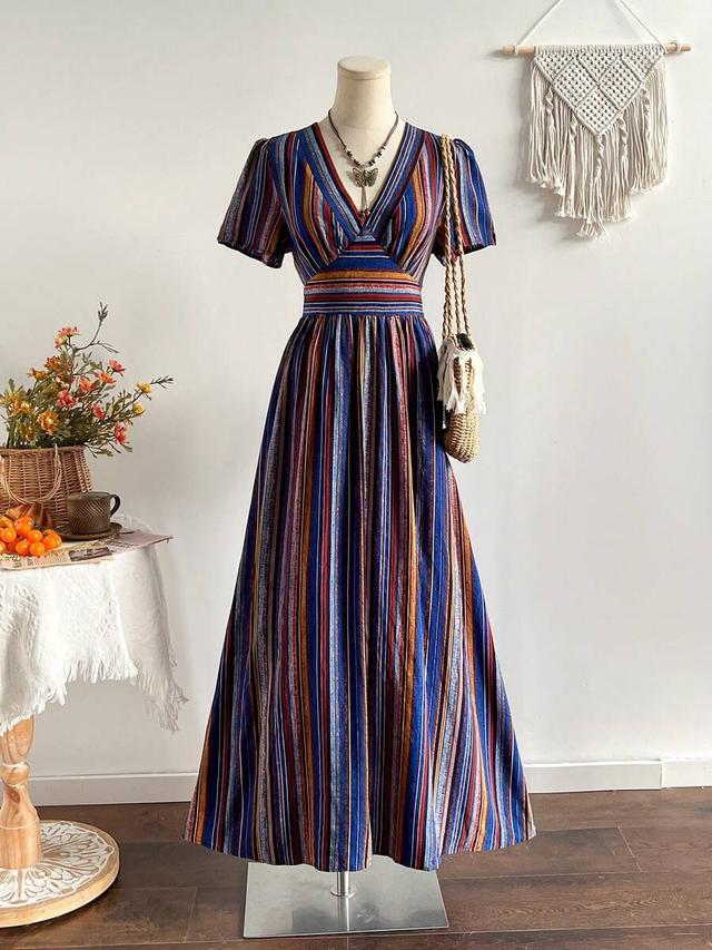 striped vintage bohemian v-neck short sleeve dress