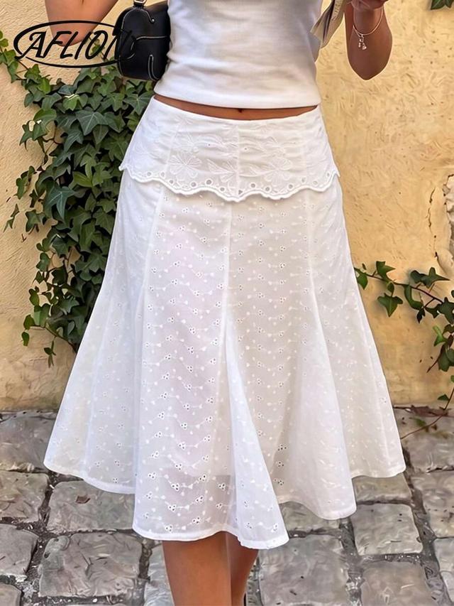 aflion white hollow embroidered mid-length skirt