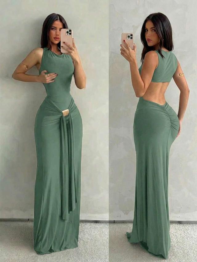 sage green jersey maxi dress with waist hardware