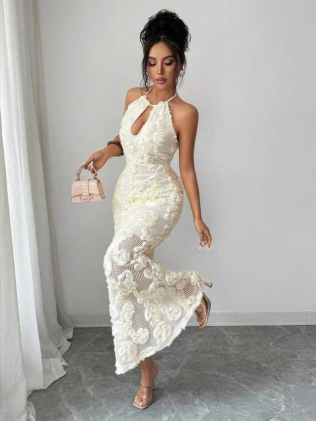 cream white embroidered textured sleeveless halter neck dress