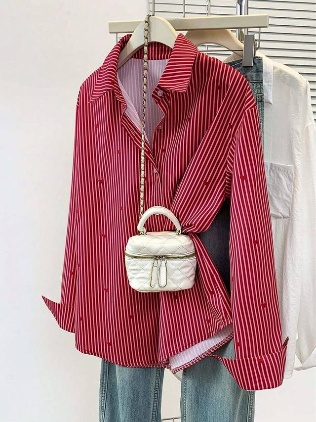 red stripe striped heart print button down shirt