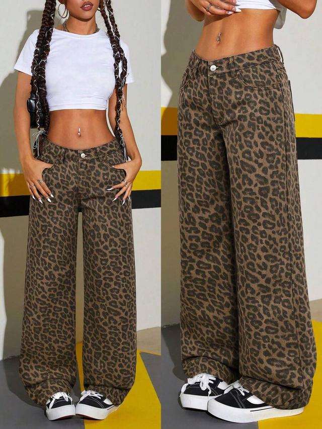 leopard print washed straight-leg jeans