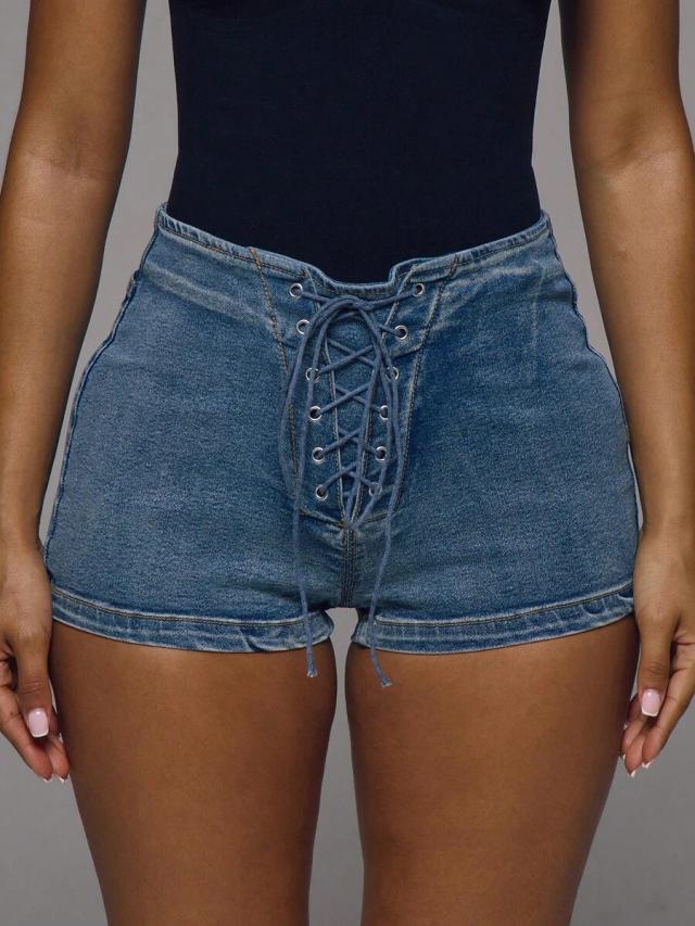 high-waisted lace-up denim shorts