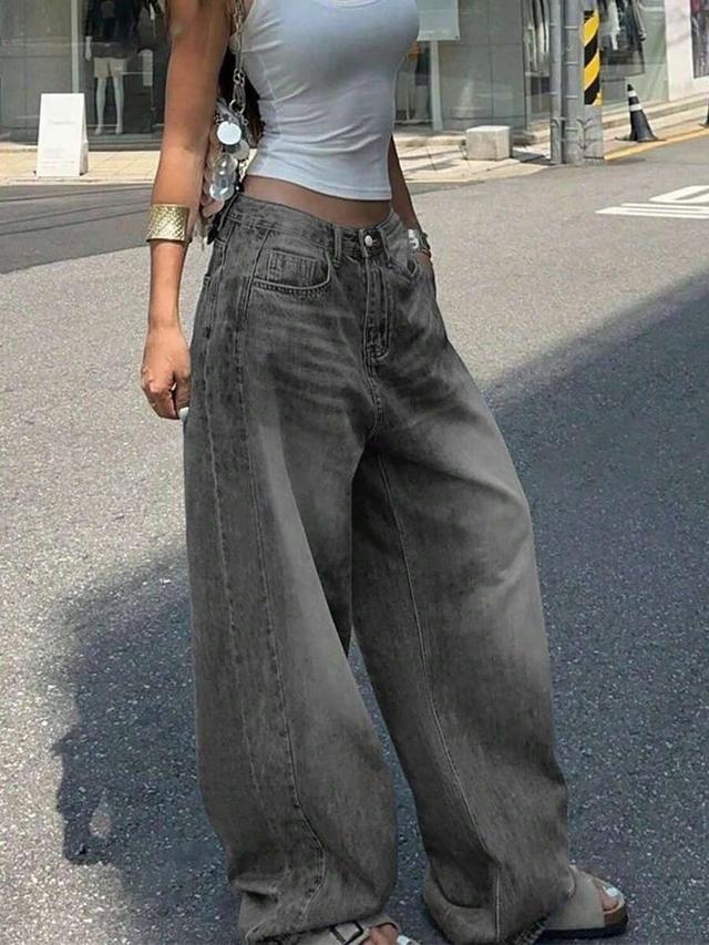 grey washed wide leg denim jeans