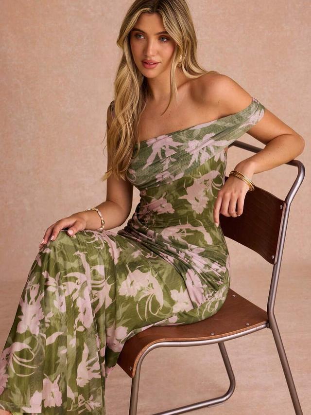 olive and pink floral mesh off-shoulder midi dress
