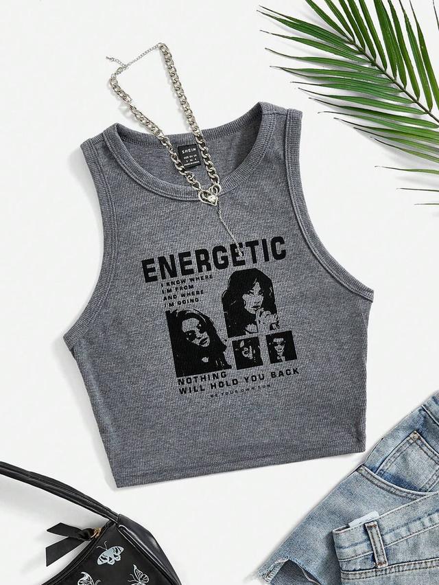 grey slogan and portrait graphic ribbed tank top