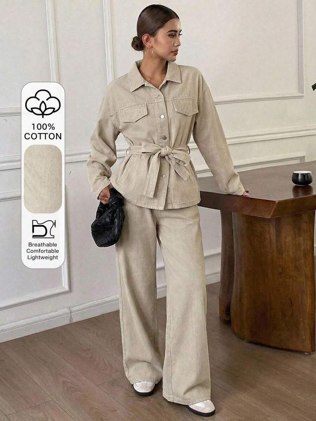beige cotton denim belted jacket and trousers set
