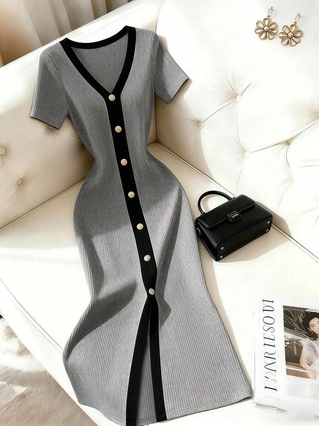 grey ribbed knit short sleeve button front dress