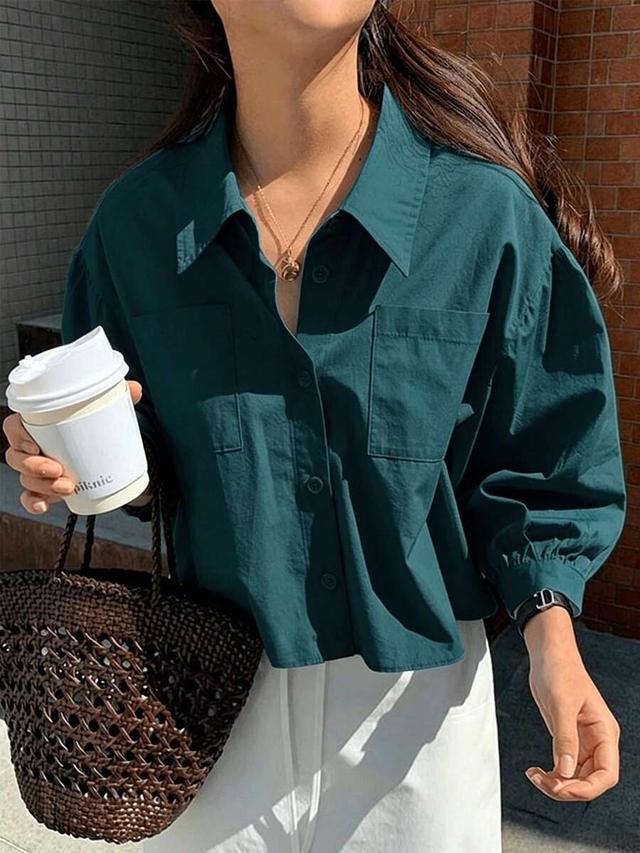 jouncy women's solid color pocket casual loose long sleeve shirt