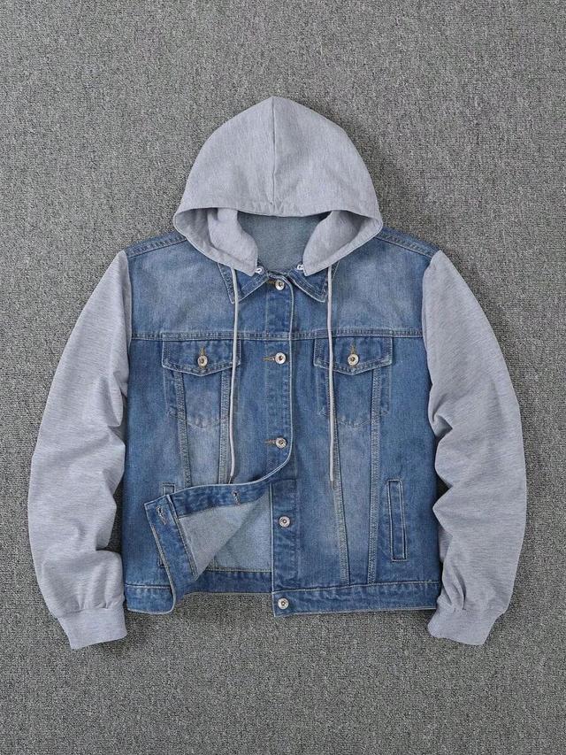 men's hooded patchwork denim varsity jacket