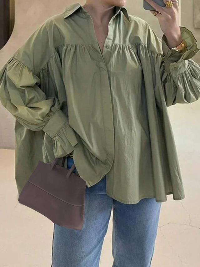 green button down blouse with gathered bell sleeves