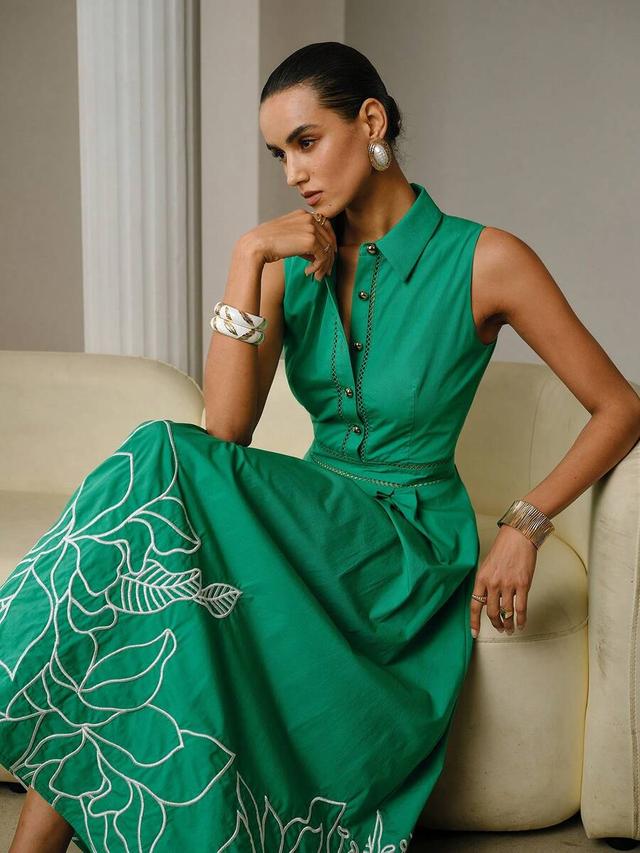 zeylah green shirt-style embroidered a-line long dress