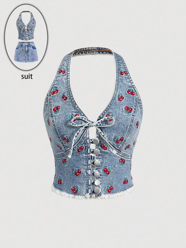 denim halter jacket with cherry pattern and front tie