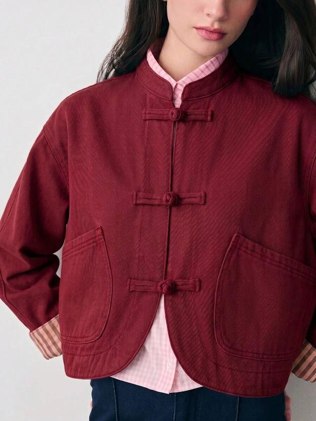 burgundy cotton twill mandarin collar frog closure jacket