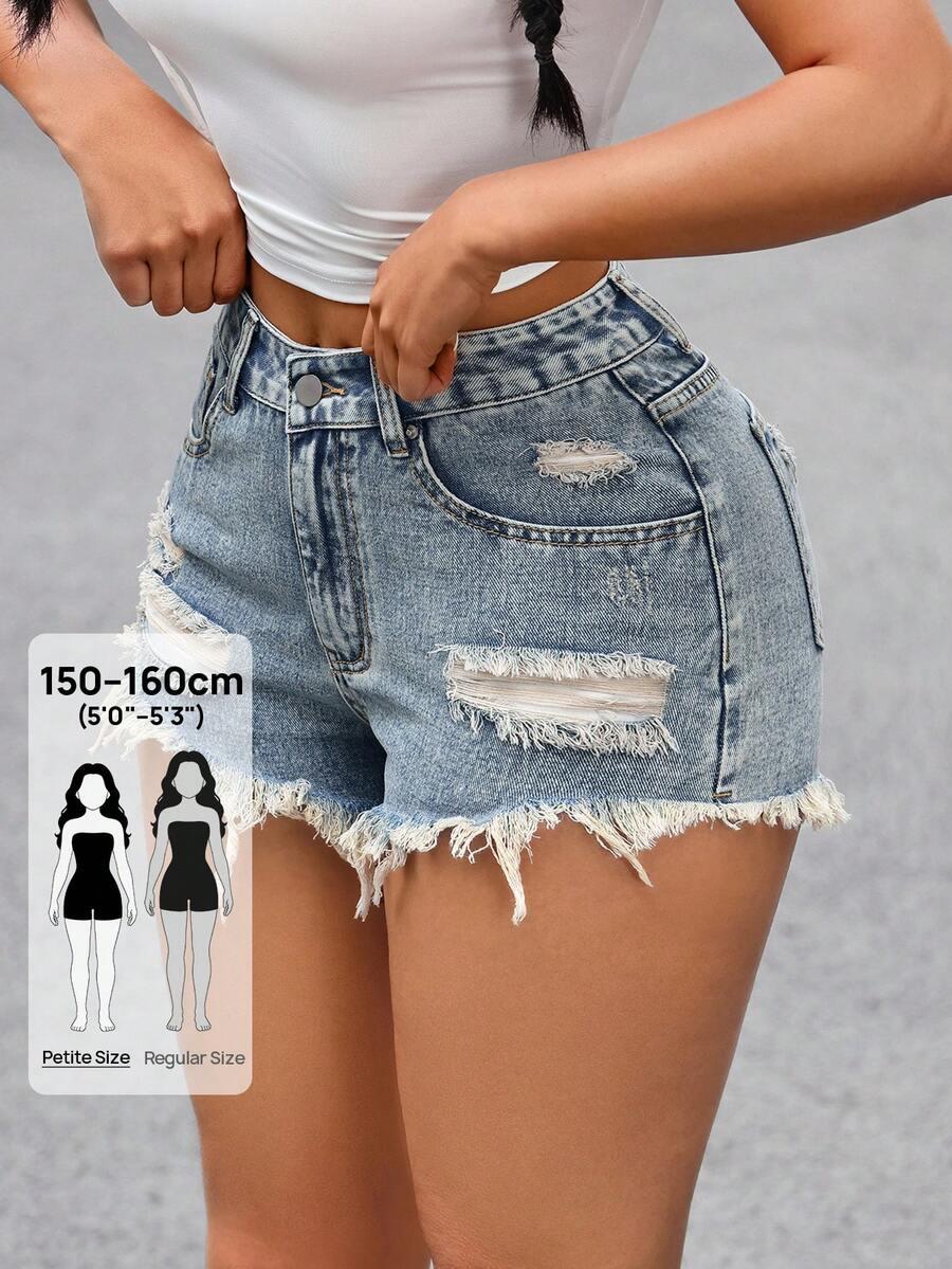 distressed light wash denim shorts with frayed hem