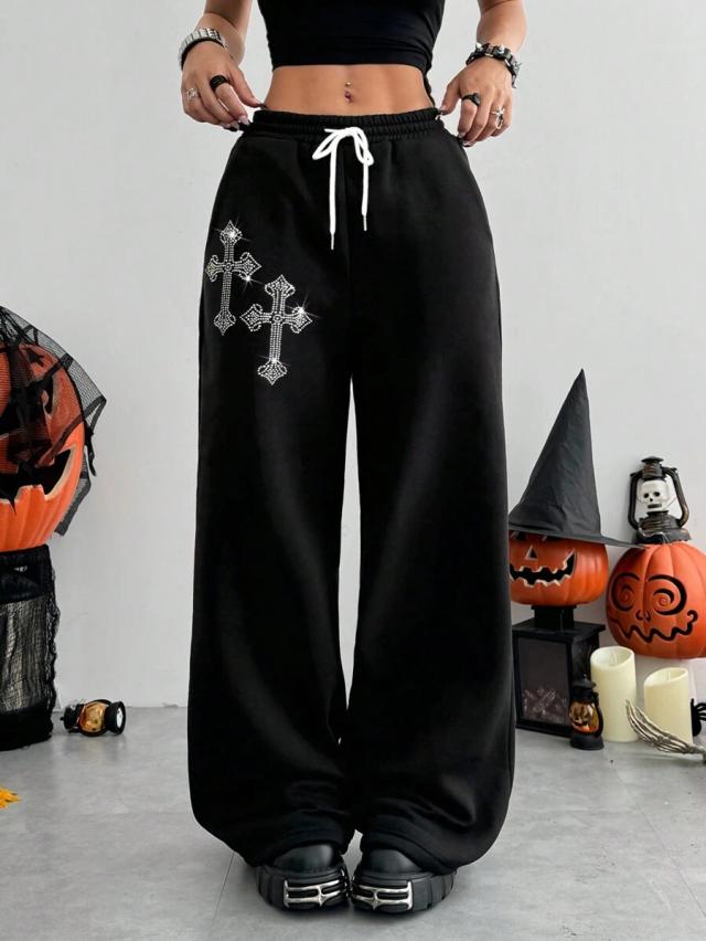 black drawstring waist y2k rhinestone cross sweatpants